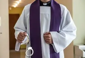 Young priest holding handcuffs